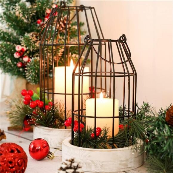 Rustic Wire Metal Cloche Set Decorative Candle Lantern Farmhouse Indoor Outdoor - Picture 2 of 8
